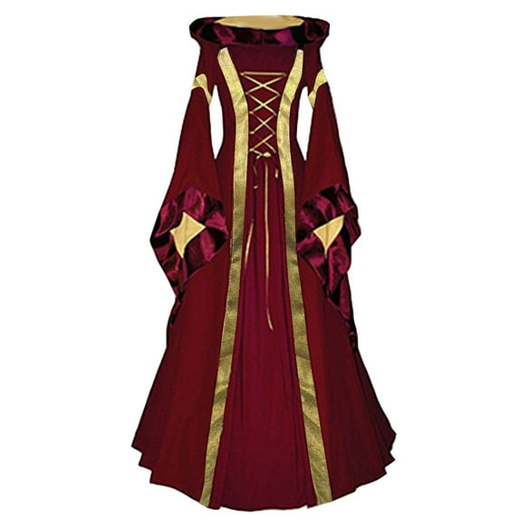 FEIFLY Women Long Dresses Retro Hooded Dress With Flared Sleeves Performance Solid Color Festival Clothing