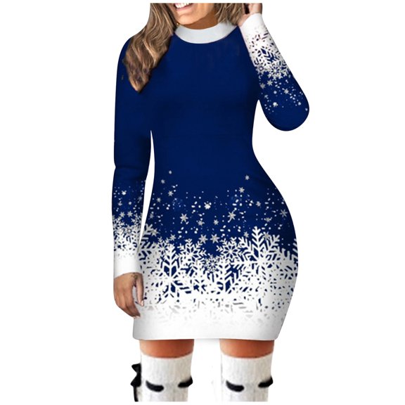 FEIFLY Women Long-sleeved Round Neck Christmas Printed Snowflake Party Dresses Leisure Female Sundress