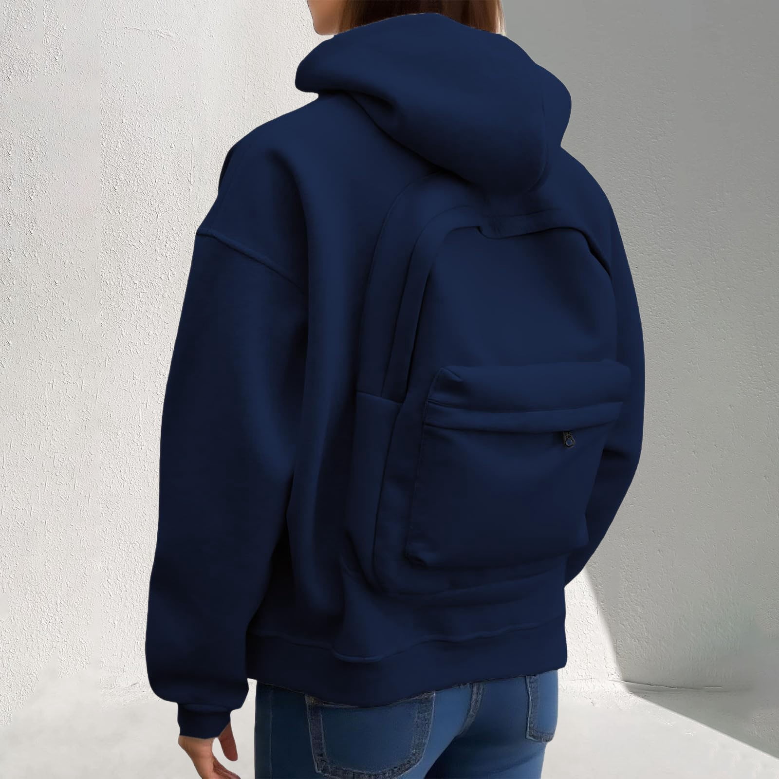 FEIFLY Women Men Casual Zip Up Hoodie With Backpack Design Front Pocket Lightweight Pullover Sweatshirt Long Sleeve Solid Color Outdoor Activities With Warm Velvet Inside