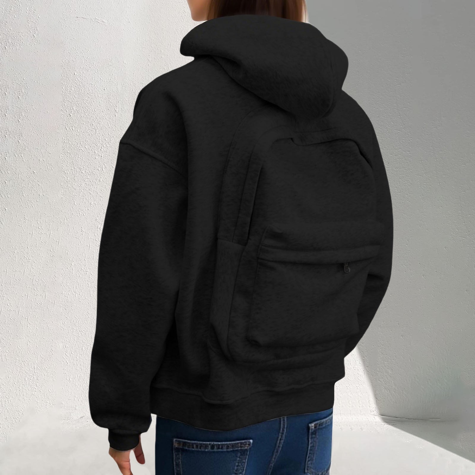 FEIFLY Women Men Casual Zip Up Hoodie With Backpack Design Front Pocket Lightweight Pullover Sweatshirt Long Sleeve Solid Color Outdoor Activities With Warm Velvet Inside