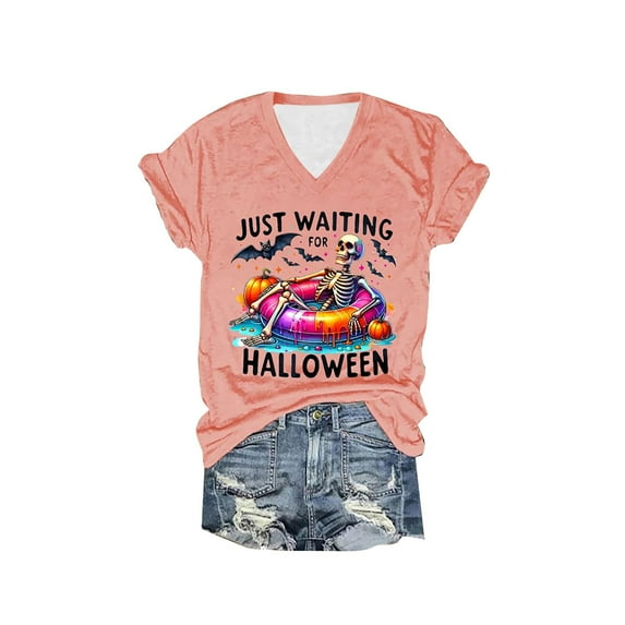 FEIFLY Women O-Neck Short Sleeve Halloween T-Shirt Skeleton Graphic T Shirt Funny Tee