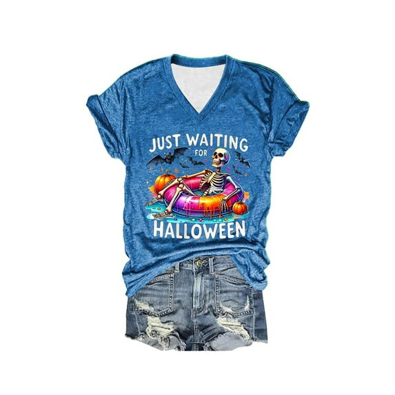 FEIFLY Women O-Neck Short Sleeve Halloween T-Shirt Skeleton Graphic T Shirt Funny Tee