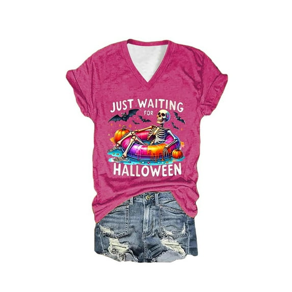 FEIFLY Women O-Neck Short Sleeve Halloween T-Shirt Skeleton Graphic T Shirt Funny Tee