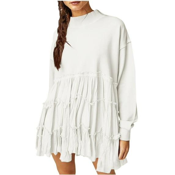 FEIFLY Women Oversized Pullover Sweatshirt Dress Long Sleeve O-Neck Patchwork Ruffle Loose Sweatshirts Solid Color Breathable Winter Autumn Tops