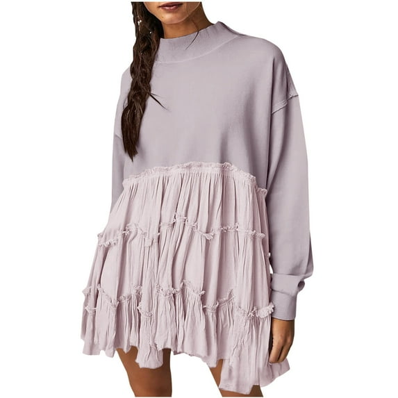 FEIFLY Women Oversized Pullover Sweatshirt Dress Long Sleeve O-Neck Patchwork Ruffle Loose Sweatshirts Solid Color Comfort Winter Autumn Tops