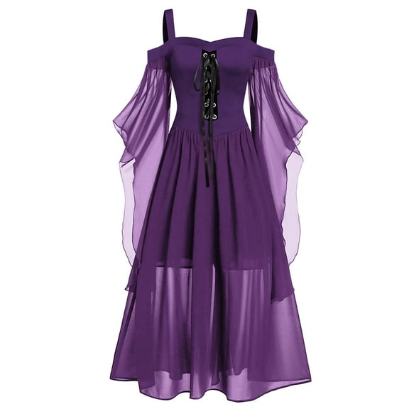 FEIFLY Women Plus Size Cold Shoulder Butter Fly Sleeve Dress Lace Up Halloween Solid Color Long Dresses Elegant Dress Festival Clothing