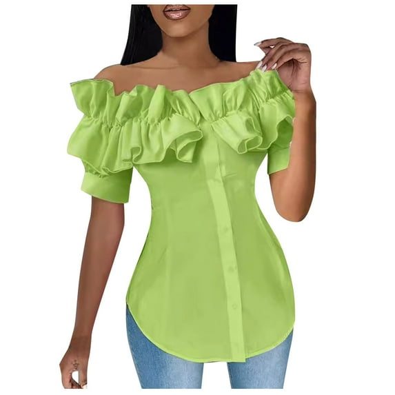FEIFLY Women Off Shoulder Layered Ruffles Button Down Asymmetrical Hem Tops Ruffle Trim Short Sleeve Blouse Party Tops Shirts Solid Color Festival Clothing