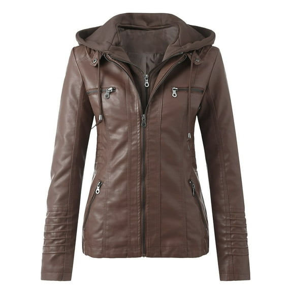 FEIFLY Women Slim Leather Stand Collar Zip Motorcycle Suit Belt Coats Jacket Tops Long Sleeve Solid Color Stylish Female Outwear