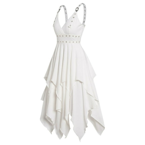 FEIFLY Women Solid Color Gothic Vintage Dress Halloween Irregular Sleeve Strap Dress Plain Color Layered Dress Festival Clothing