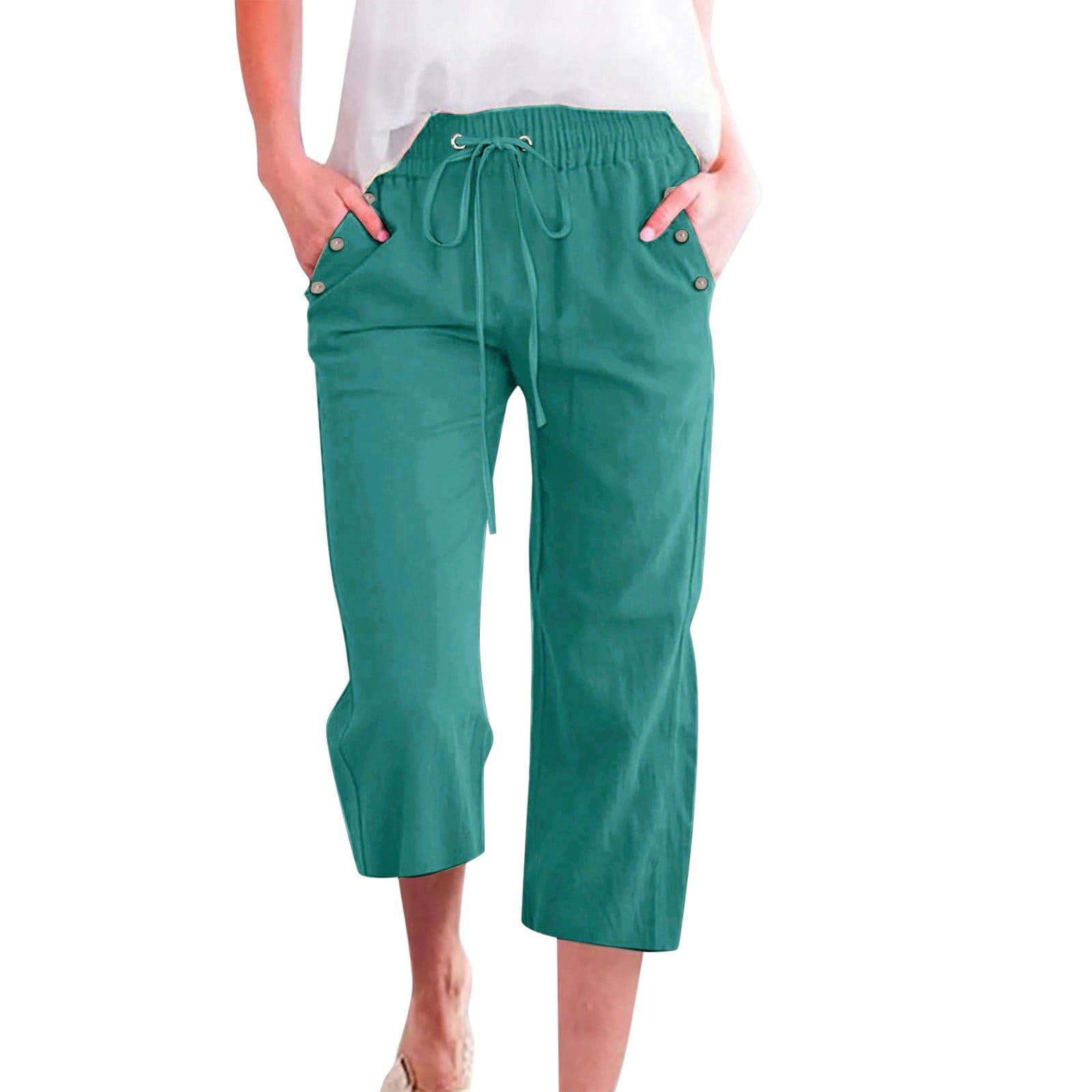 FEIFLY Women Solid Color Linen Blend Calf Length Pants Loose Fit ...