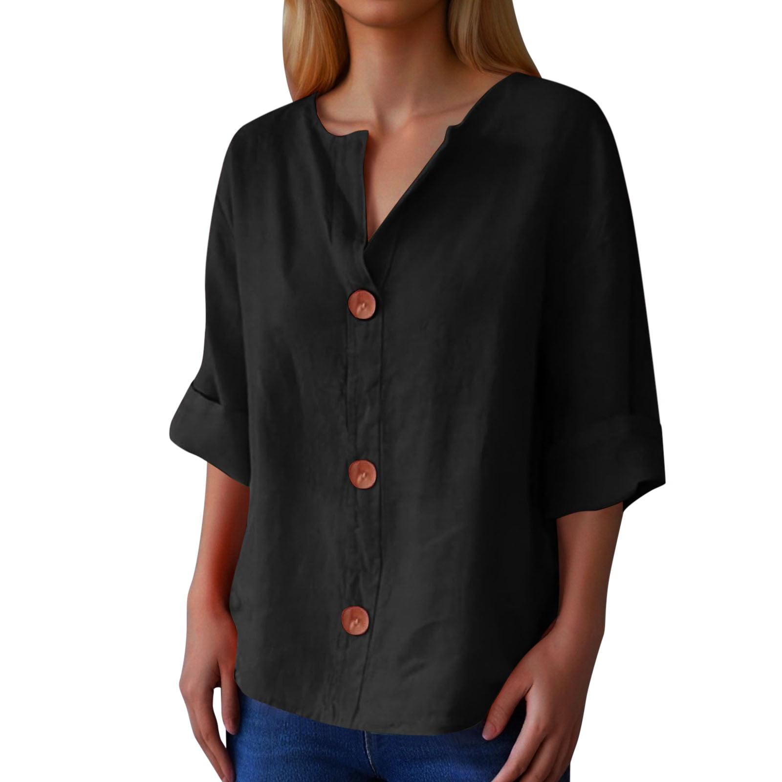 FEIFLY Women V Neck Button Mid Sleeve Down Shirt Casual Blouse Daily ...
