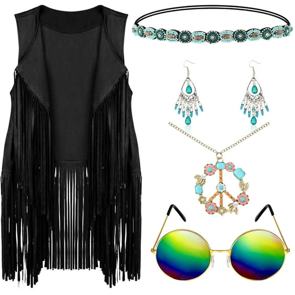 FEIFLY Women Vests 5PCS Sets Autumn Winter Ethnic Sleeveless Tassels Fringed Vest Cardigan Headband Glasses Earrings Solid Color Festival Clothing