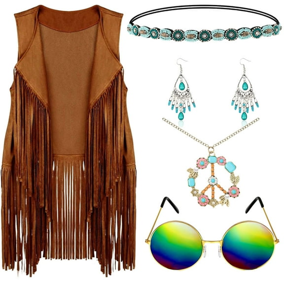 FEIFLY Women Vests 5PCS Sets Autumn Winter Ethnic Sleeveless Tassels Fringed Vest Cardigan Headband Glasses Earrings Solid Color Festival Clothing