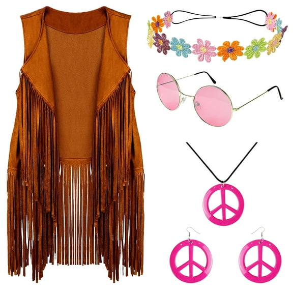 FEIFLY Women Vests 5PCS Sets Autumn Winter Ethnic Sleeveless Tassels Fringed Vest Cardigan Headband Glasses Earrings Solid Color Festival Clothing