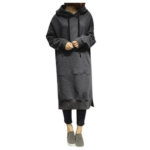 FEIFLY Women Winter Warm Hooded Hoodie Baggy Pullover Oversize Sweatshirt Long Dress Long Sleeve Solid Color Holiday Autumn Workout Tops
