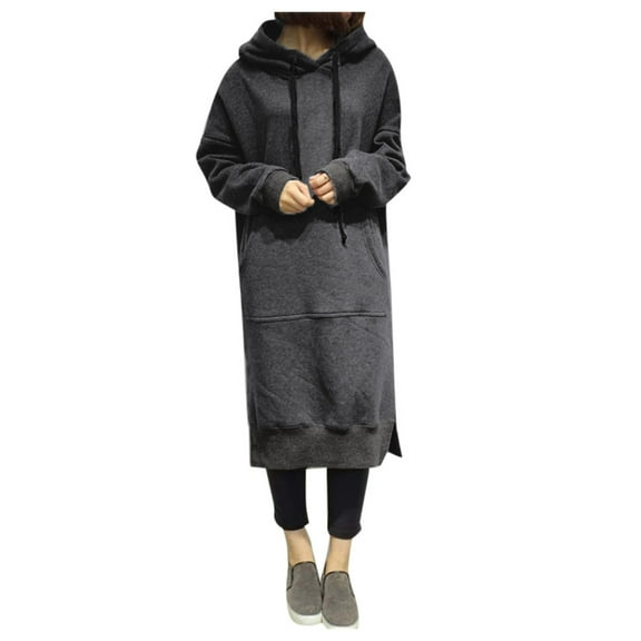 FEIFLY Women Winter Warm Hooded Hoodie Baggy Pullover Oversize Sweatshirt Long Dress Long Sleeve Solid Color Leisure Autumn Workout Tops