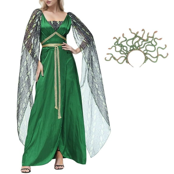 FEIFLY Women Woman Halloween Dark Green Printed Slit Dress Solid Color Festival Clothing