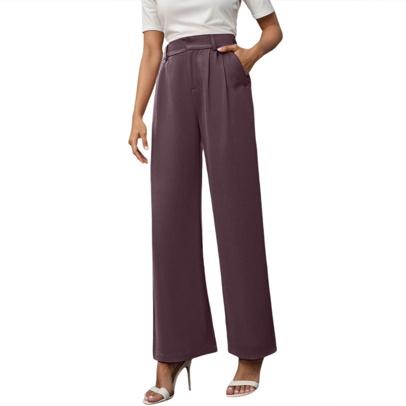 FEIFLY Women's Casual Pants Solid Color High Waist Wide Leg Trousers ...