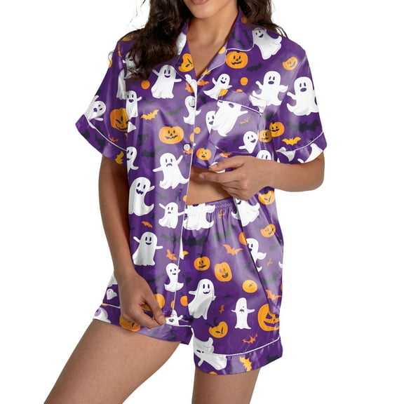 FEIFLY Women's Halloween Printed Pajama Blouse Tops Shorts Suit 2 Piece Pajamas Sets Holiday Loungewear Casual Wear Comfortable Daily Matching Set For All Seasons