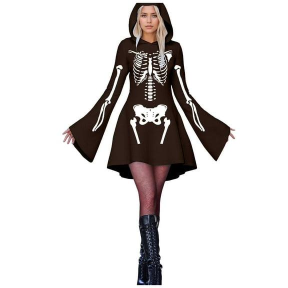 FEIFLY Women's Halloween Skeleton Print Hooded Dress O-Neck Long Sleeved Long Dresses Holiday Clothing