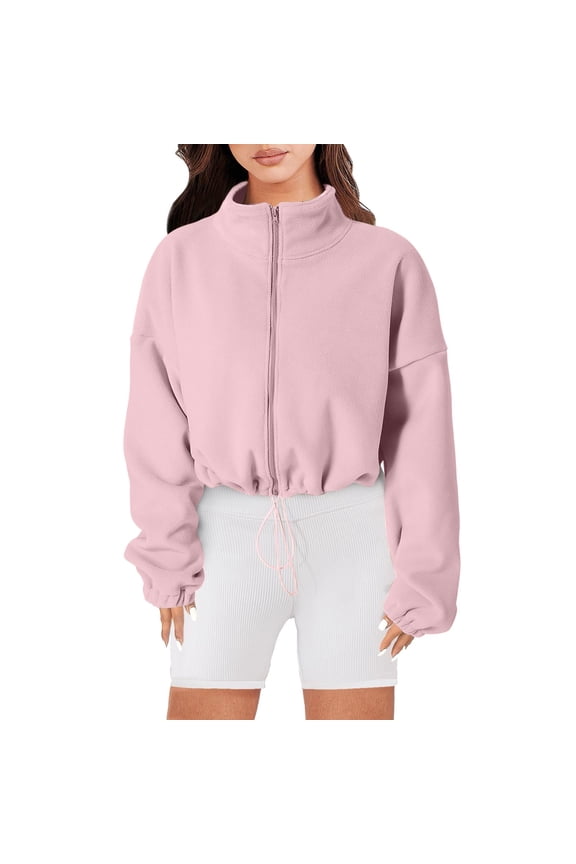 Women's Sweatshirt Full Zip Oversized Crop Jacket Winter Long Sleeve Stand Collar Workout Coat Windbreaker Solid Color Birthday Autumn Tops