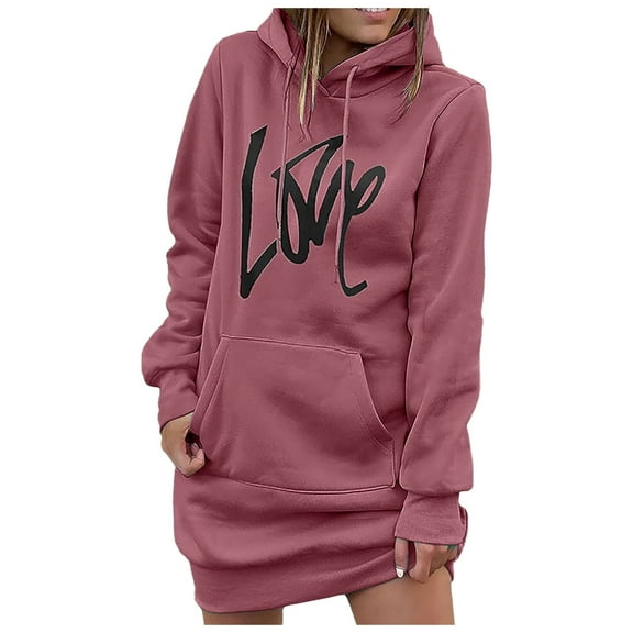 FEIFLY Women's Sweatshirts Loose Hoodie Mid Length Hoodie Dress Pullover Long Sleeve Solid Color Classic Winter Autumn Workout Tops