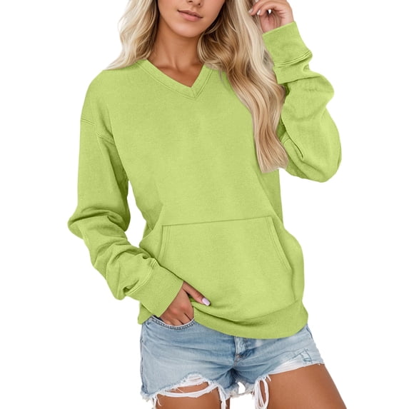 FEIFLY Women's V Neck Pullover Sweatshirt Soft Long Sleeve Casual Tops For Daily Wear And Sports Comfortable Loose Fit Winter Clothing With Pockets Solid Color Holiday Outwear