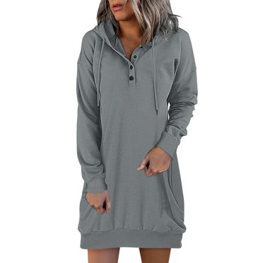 FEIFLY Womens Casual Hoodies Dress Fall Long Sleeve Sweatshirt Button Down Drawstring Pullover Tops Lightweight Dress Stylish Female Dailywear