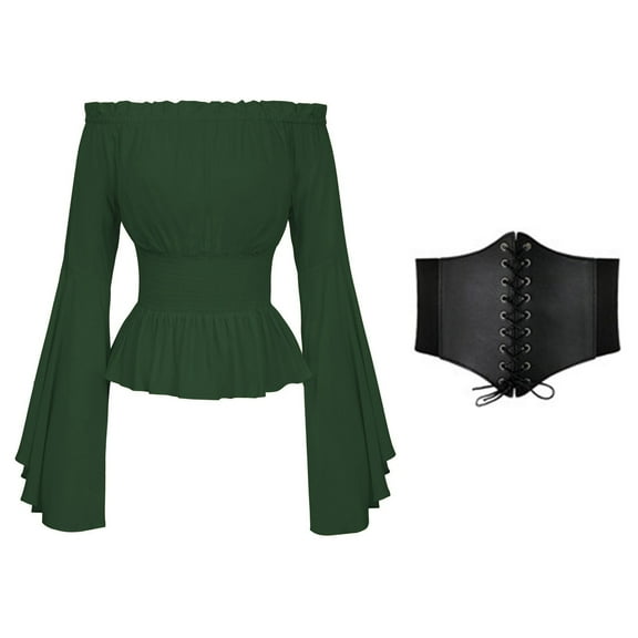 FEIFLY Womens Elegant Tops Long Sleeve Boho Blouse Tops Plus Size Shirts Gothic Ruffle Skirt Shirts Tops Solid Color Festival Clothing