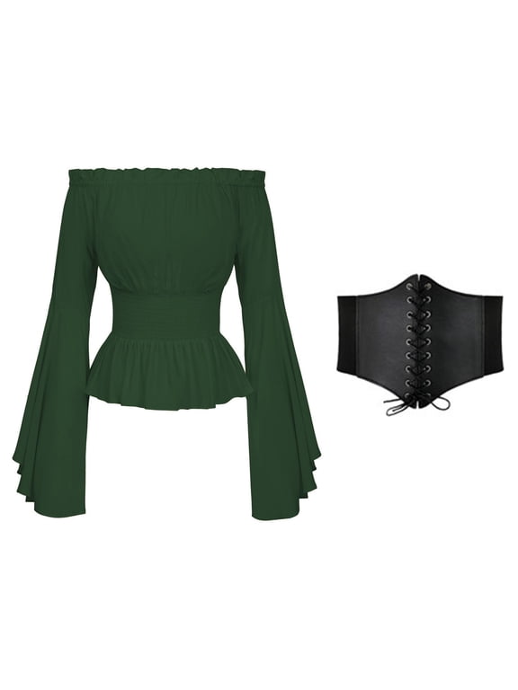 Womens Elegant Tops Long Sleeve Boho Blouse Tops Plus Size Shirts Gothic Ruffle Skirt Shirts Tops Solid Color Festival Clothing
