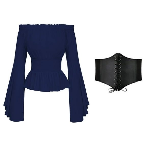 FEIFLY Womens Elegant Tops Long Sleeve Boho Blouse Tops Plus Size Shirts Gothic Ruffle Skirt Shirts Tops Solid Color Festival Clothing