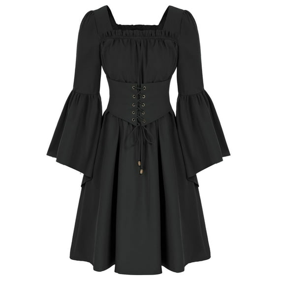 FEIFLY Womens Soild Color Dresses Trumpet Sleeves With Belt Dresses For Women Solid Color Festival Clothing