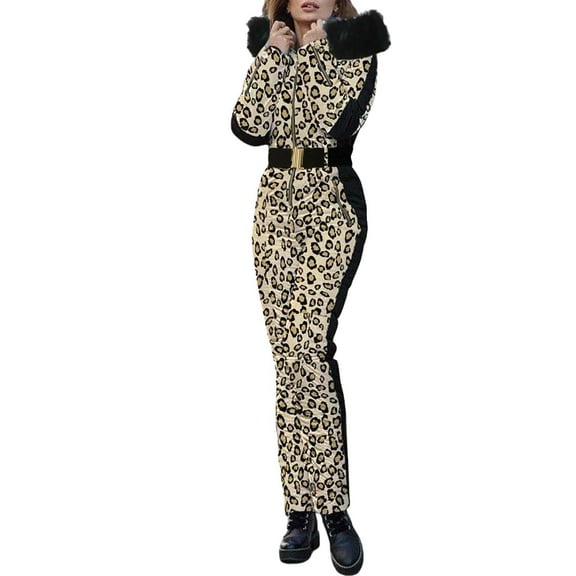 FEIFLY Womens Winter Ski O-Neck Jumpsuits Outdoor Sports Waterproof Snowsuit Removable Wool Collar Coats O-Neck Jumpsuit Solid Color Female Outwear