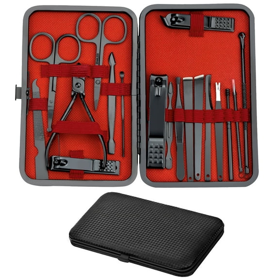 FEIGO Stainless Steel Professional Pedicure Kit 18PCS Manicure Set with Leather Travel Case for Men and Women, black