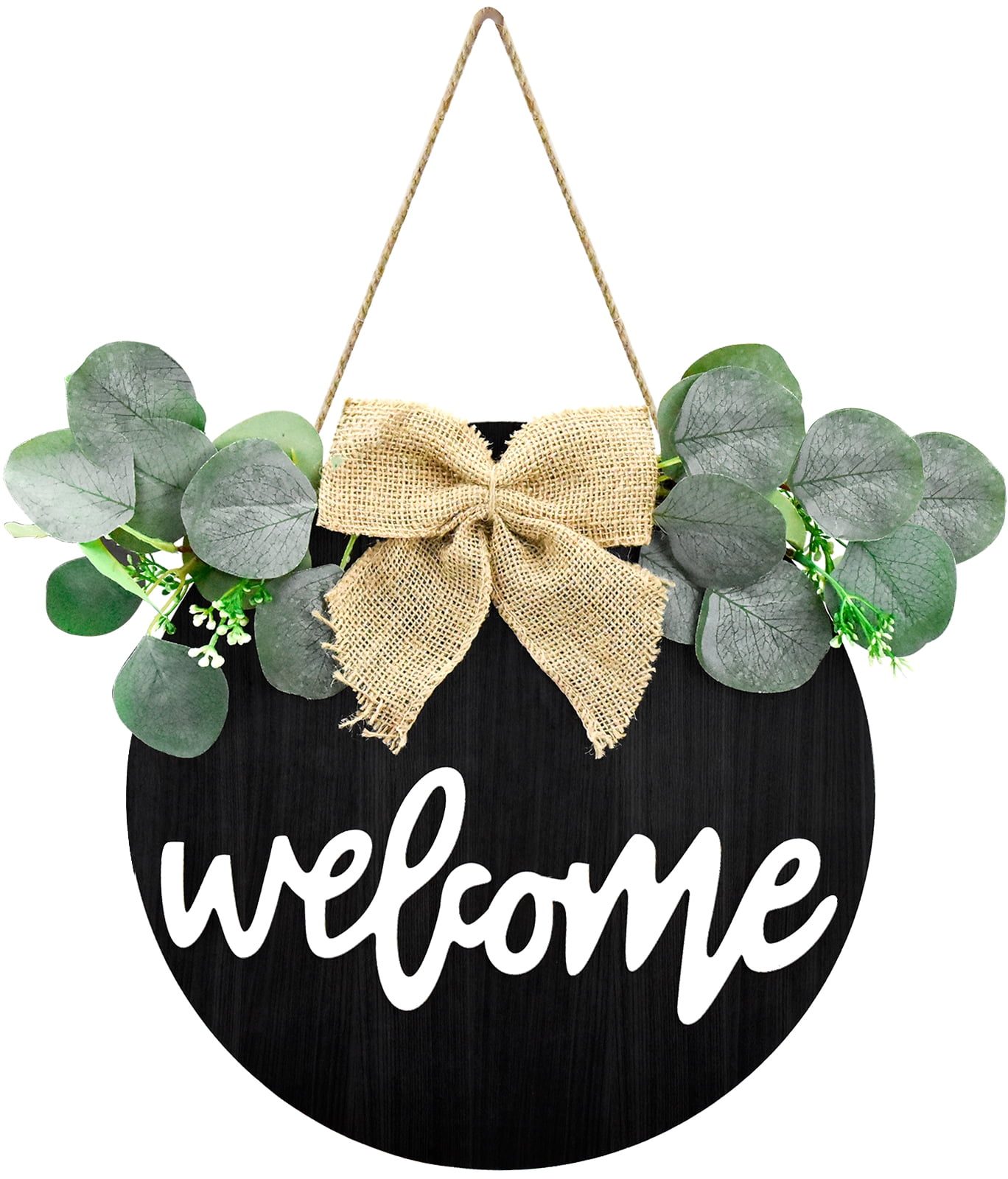 FEIGO Welcome Sign for Front Door 11.8 inch Wood Welcome Sign Wreath Hanging Sign Decor, Black