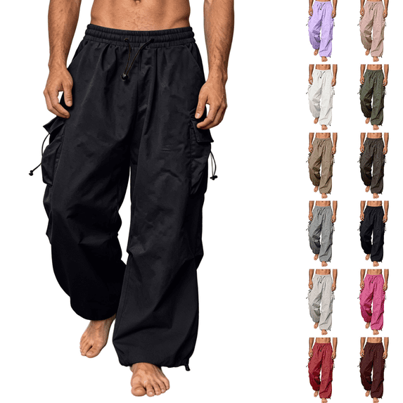 FEIIBMOYRIA Casual Pants for Men with Pockets Men's Lightweight Solid Color Drawstring Cargo Pants Fashion Elastic Waist Straight Leg Baggy Pants