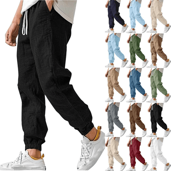 FEIIBMOYRIA Linen Cargo Pants for Men Summer Mens Casual Solid Color Elastic Waist Trousers with Pockets Loose Beach Yoga Travel Lounge Pants