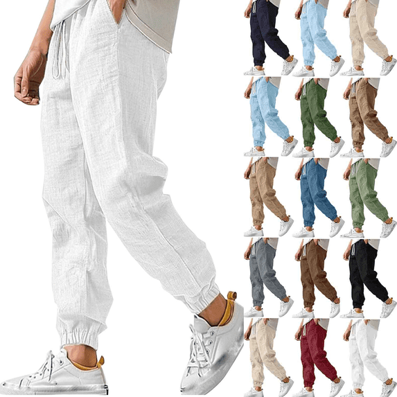 FEIIBMOYRIA Linen Cargo Pants for Men Summer Mens Casual Solid Color Elastic Waist Trousers with Pockets Loose Beach Yoga Travel Lounge Pants