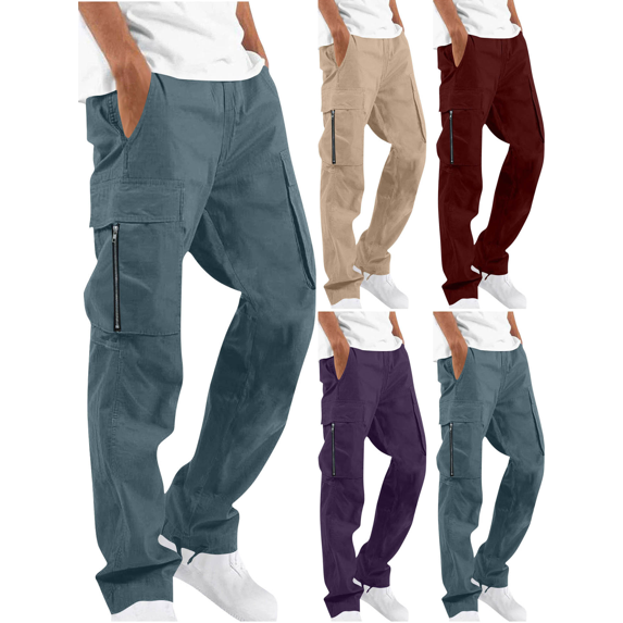 FEIIBMOYRIA Men Cargo Pants Men's Elastic Waist Solid Color Straight Leg Pants with Multi Zipper Side Pockets Loose Fit Casual Daily Sports Outdoor Street Wear Pants