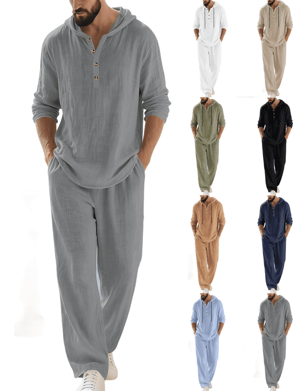 Men Linen Outfits 2 Piece Loose Casual Lightweight Long Sleeve Half Button Drawstring Hoodies and Pockets Pants Sets
