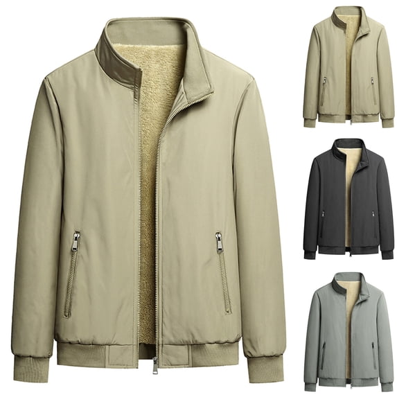 FEIIBMOYRIA Men Winter Jackets Men's Thick Fleece Lined Zip Up Stand Collar Jackets Ribbed Cuffs Zipper Side Pockets Winter Windproof Warm Casual Outer Coats for Cold Weather Daily Commute Outerwear