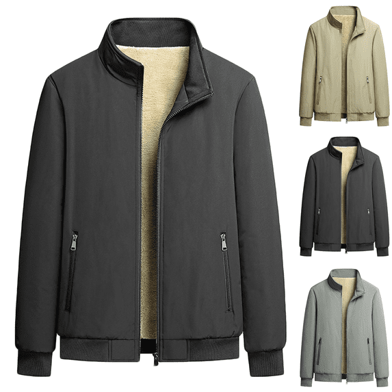 FEIIBMOYRIA Men Winter Jackets Men's Thick Fleece Lined Zip Up Stand Collar Jackets Ribbed Cuffs Zipper Side Pockets Winter Windproof Warm Casual Outer Coats for Cold Weather Daily Commute Outerwear