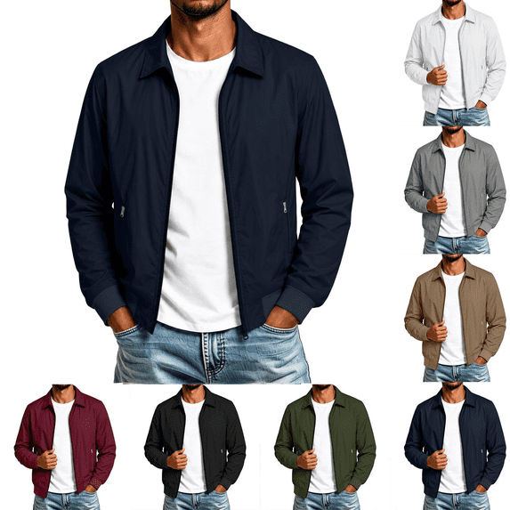 FEIIBMOYRIA Men's Full Zip Jackets Men Lapel Collar Ribbed Trim Zipper Side Pockets Jackets Lightweight Casual Classic Closure Everyday Commute Outerwear Jackets