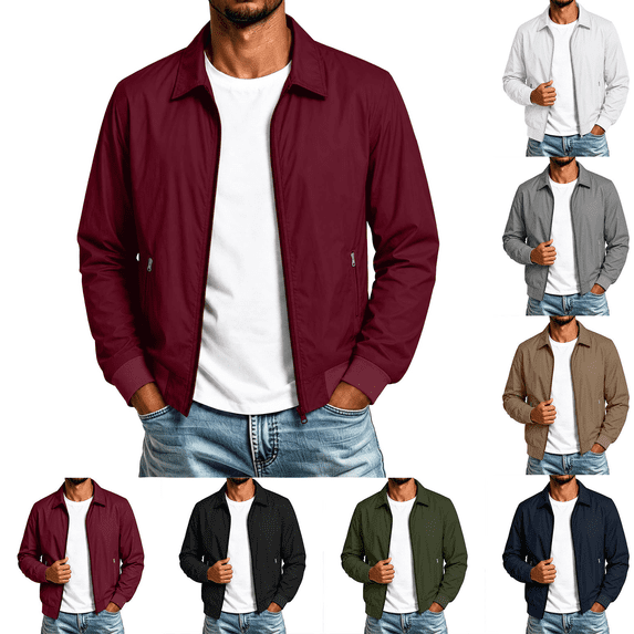 FEIIBMOYRIA Men's Full Zip Jackets Men Lapel Collar Ribbed Trim Zipper Side Pockets Jackets Lightweight Casual Classic Closure Everyday Commute Outerwear Jackets