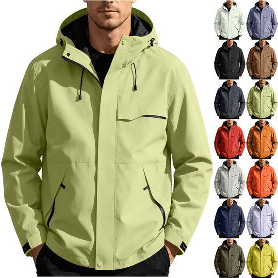 FEIIBMOYRIA Men's Windproof Jackets Men Solid Color Water Prooft Hooded Windbreaker Jackets with Multiple Zipper Pockets Casual Fashion Snap Button Full Zip Daily Outdoor Coats