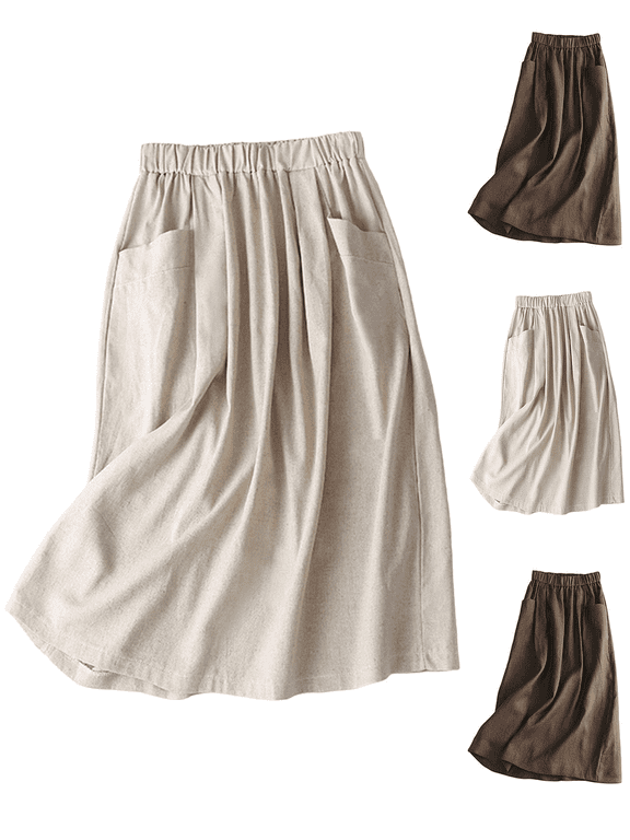 Midi Long Skirts for Women Solid Color Minimalist Elastic Waist A-Line Long Casual Skirts with Double Front Pockets