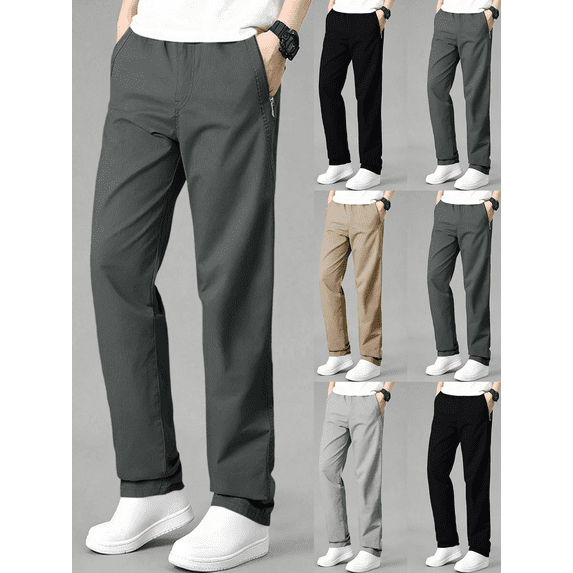FEIIBMOYRIA Straight Leg Pants for Men Zipper Side Pockets Elastic Waist Long Pants Solid Color Classic Casual Loose Fit Comfy Daily Work Outdoor Trousers