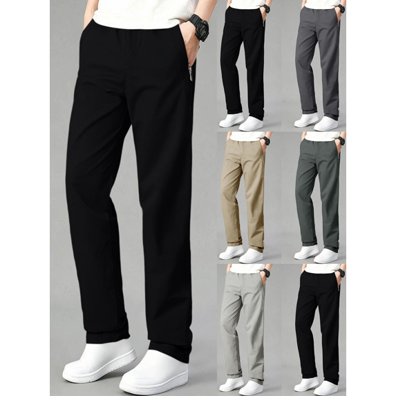 FEIIBMOYRIA Straight Leg Pants for Men Zipper Side Pockets Elastic Waist Long Pants Solid Color Classic Casual Loose Fit Comfy Daily Work Outdoor Trousers