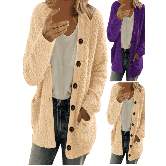 FEIIBMOYRIA Women Cardigans Women Side Pockets Soft Fleece Solid Color Long Sleeve Cardigans Loose Open Front Button Placket Casual Daily Lounge Outing Warm Outerwear