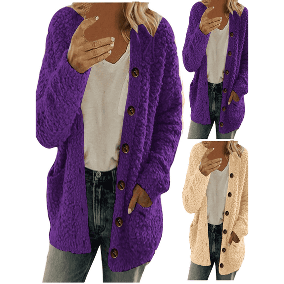 FEIIBMOYRIA Women Cardigans Women Side Pockets Soft Fleece Solid Color Long Sleeve Cardigans Loose Open Front Button Placket Casual Daily Lounge Outing Warm Outerwear